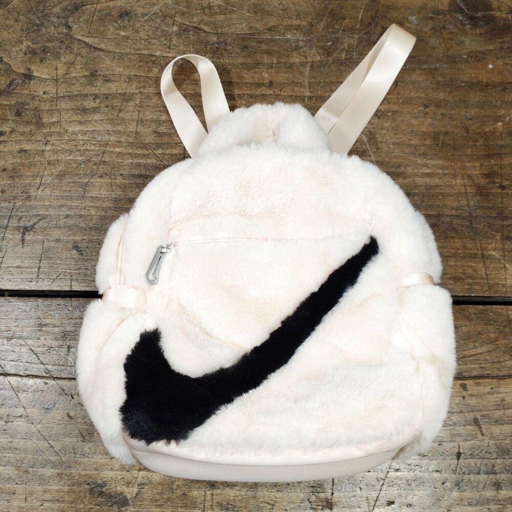 Nike Mini Backpack Faux Fur Cream Peach Black Swoosh Fuzzy NWOT Pockets Tote